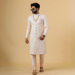 Alluring Peach Thread Embroidered Sherwani | Father Son Combo | Perfect Groom Wear